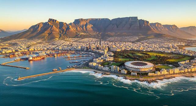 nature-background-nature-wallpaper-aerial-view-of-a-coastal-city-with-a-large-port-stadium-and-mountain-backdrop-at-sunrise-free-photo